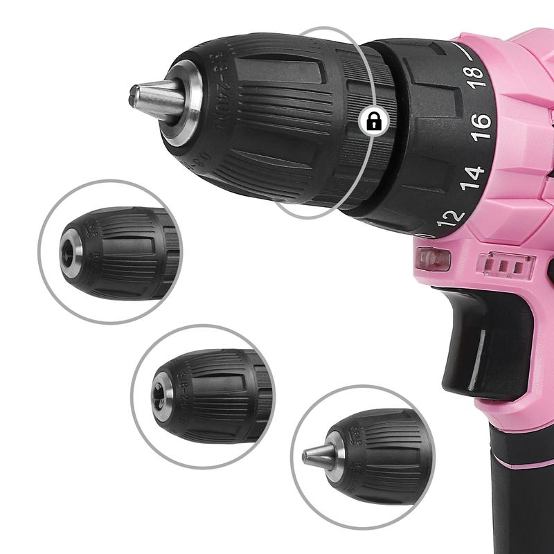 #rebajasdeverano WORKPRO Taladro atornillador inalámbrico rosa de 12 V y kit de herramientas para el hogar, juego de herramientas manuales para bricolaje y mantenimiento del hogar, incluye bolsa de almacenamiento de 35 cm - Cinta rosa