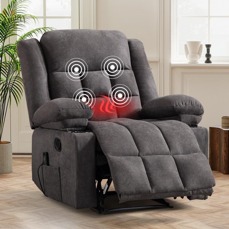 Sillón reclinable manual EBELLO con masaje y calor, sillón reclinable de tela con portavasos y bolsillos de almacenamiento, cómodo y transpirable para la sala de estar.