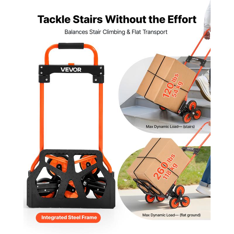 【Summerfinds】VEVOR Stair Climbing Dolly - 120 lbs Capacity, Portable Foldable Ergonomic Durability Cart, Telescoping Handle, 6 Large Wheel Carts, 2 Bungee Cords for Home, Groceries, Durability Carts