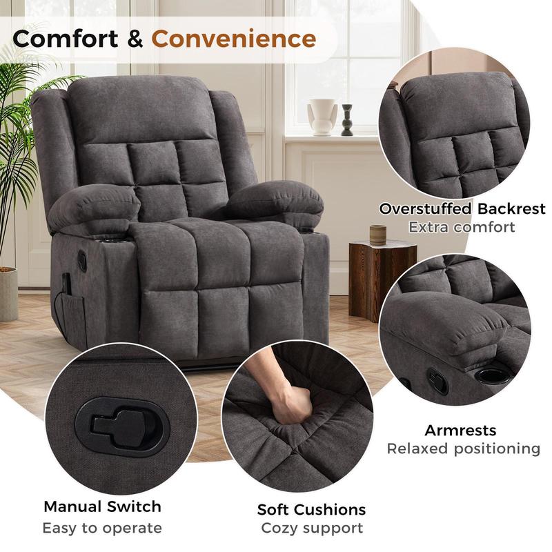 [DealsForYouDays] Sillón reclinable manual EBELLO con masaje y calor, sillón reclinable de tela con portavasos y bolsillos de almacenamiento, cómodo y transpirable para la sala de estar.