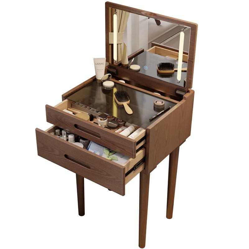 【NOVEDAD】Tocador compacto, mesa de maquillaje 100% de madera maciza, espejo abatible con luces, mesa de maquillaje que ahorra espacio con cajones, brillo ajustable, tocador elegante y funcional, ideal para espacios reducidos.