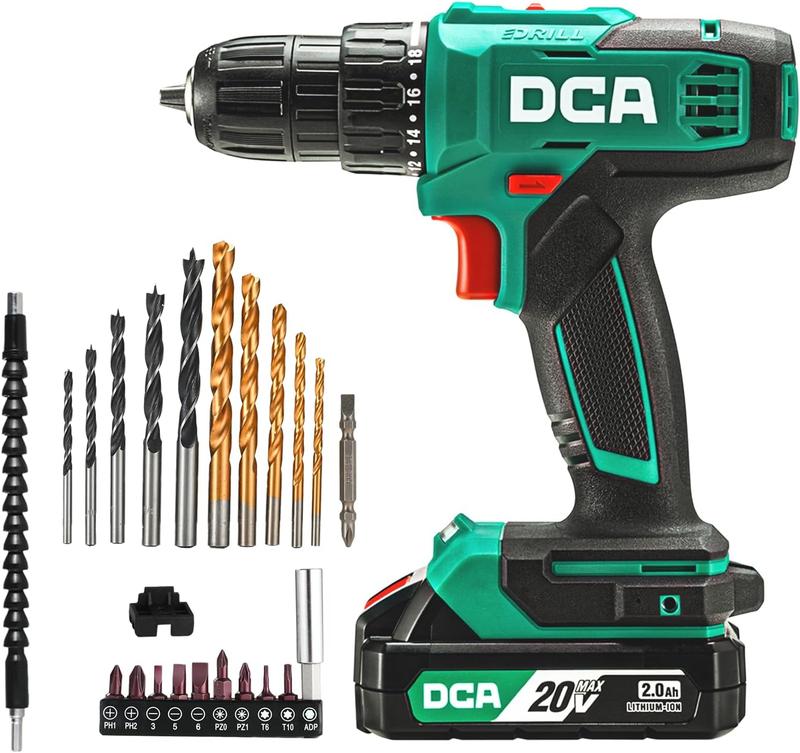 【Garantía de 5 años】Taladro inalámbrico DCA de 20 V, juego de 25 piezas, 28 ft・lb de torque, portabrocas sin llave de 3/8", batería de 2.0 Ah y cargador, 18+1 ajustes de embrague, ideal para bricolaje en el hogar, montaje de muebles, plomería, perforación