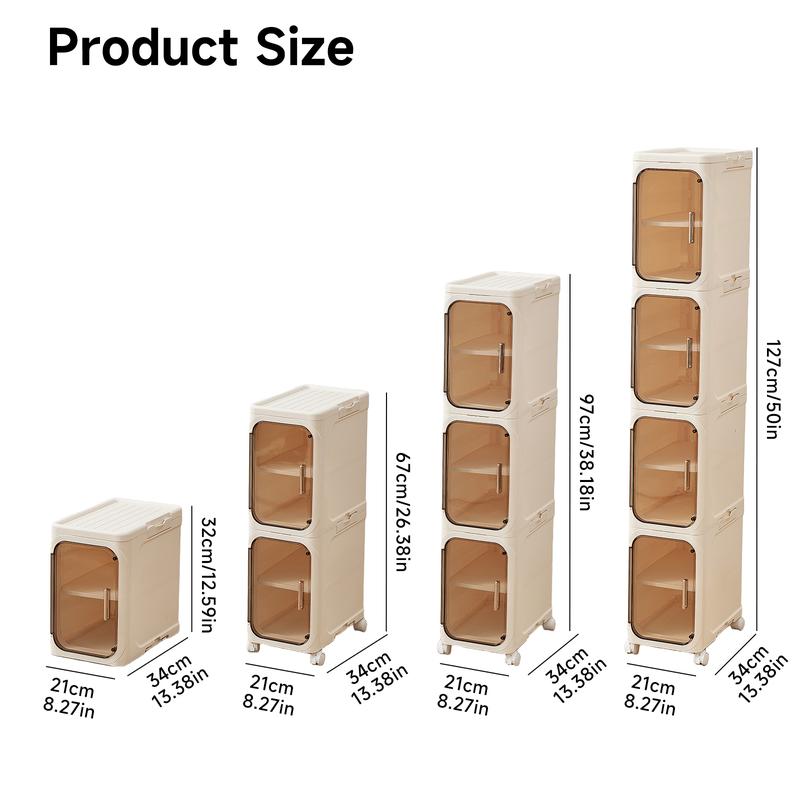 Armario de almacenamiento UFORU de cuatro niveles, alto y estrecho, fabricado en plástico, con un diseño delgado, puertas y estantes ajustables, ruedas, apilable y plegable, adecuado para espacios pequeños, baños y cocinas.