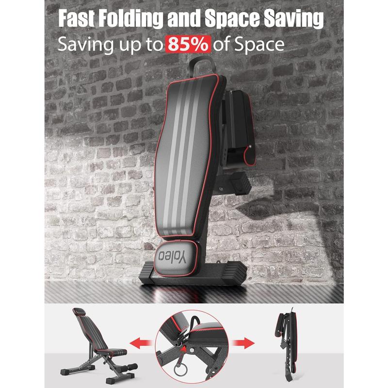 Banco de pesas ajustable Yoleo, banco de entrenamiento plegable para gimnasio en casa, entrenamiento de fuerza de cuerpo completo, banco utilitario plano e inclinado con ajuste rápido.