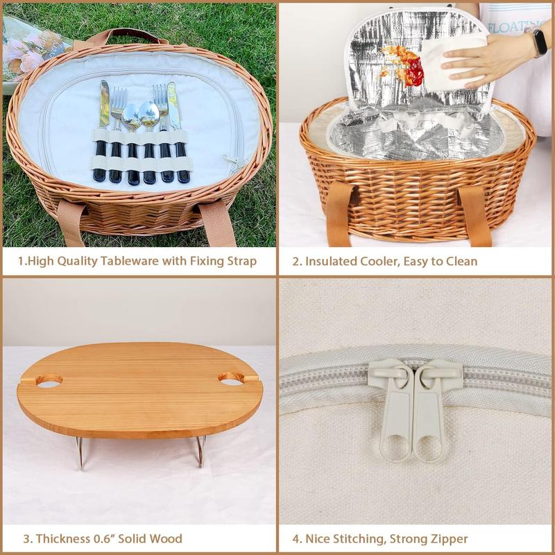 Cesta de picnic de mimbre Hap Tim para 2/4 personas con mesa plegable para vino y juego de cubiertos, bolsa térmica de playa tejida, regalos para parejas, regalos de boda, regalos para el Sr. y la Sra., regalos para despedidas de soltera, lista de bodas #