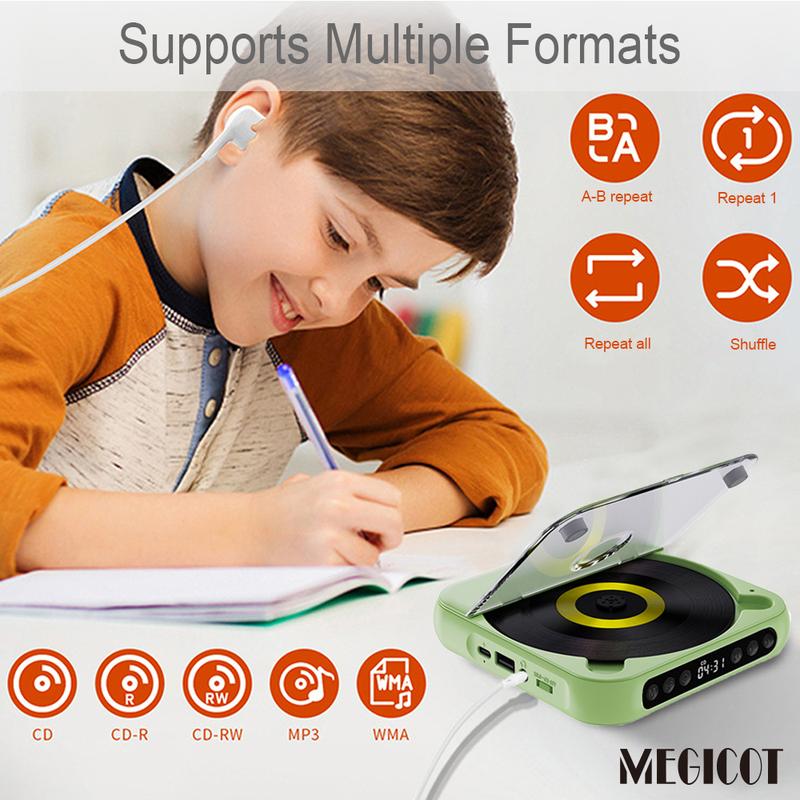 Reproductor de CD inalámbrico recargable Bluetooth 5.3 MEGICOT - Reproductor de audio multiformato con batería de 2000 mAh, controles de botón, función de retención de altavoz, pantalla LED, puerto USB, compatibilidad con auriculares, bloqueo de teclas, r