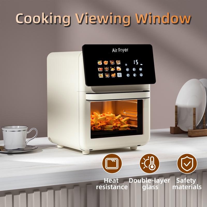 Horno freidora de aire XL Pro de 10 litros con función de parrilla integrada para encimera de cocina, horno de convección inteligente 12 en 1, freidora de aire con ventana de cristal, cesta antiadherente, revestimientos para freír, puerta extraíble - Blan