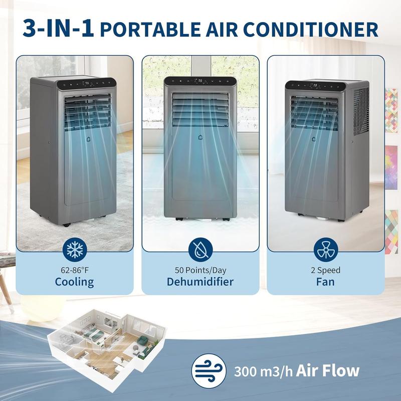 Aires acondicionados portátiles de 8K/10K/12K/14K BTU, unidad de aire acondicionado portátil 3 en 1 para habitaciones de hasta 350/450/550/750 pies cuadrados, deshumidificador, ventilador, ahorro de energía, control remoto, temporizador de 24 horas, modo