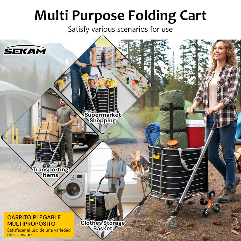 Carro plegable compacto SEKAM - Carro de tres ruedas resistente para subir escaleras con ruedas giratorias de 360°, carrito rodante para personas mayores, para compras, carro plegable, carro plegable plano, carro plegable multifuncional