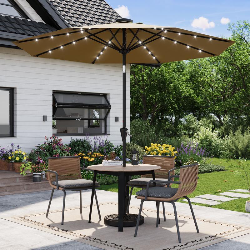 Sombrilla de exterior Garvee Modern de 300 cm (9 pies) resistente con luces LED solares, estructura de 8 varillas de alta resistencia, doble inclinación de 30°, manivela de fácil uso, sombrilla de protección solar resistente a la intemperie para jardín, b