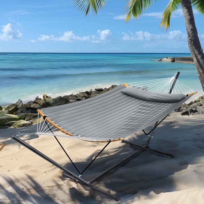 Hamaca doble portátil SUPERJARE de tela ajustable a rayas con soporte, hamaca acolchada de algodón y poliéster de alta resistencia de hasta 204 kg (450 lbs), almohada desmontable, barra curva resistente, bolsa de transporte portátil, ideal para decoración