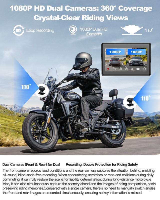 Pantalla para cámara de salpicadero de motocicleta con CarPlay, 5 pulgadas, legible a la luz del sol, resistente al agua y portátil, CarPlay inalámbrico y Android Auto, montaje rápido en el manillar, pantalla táctil con cámaras duales delantera y trasera