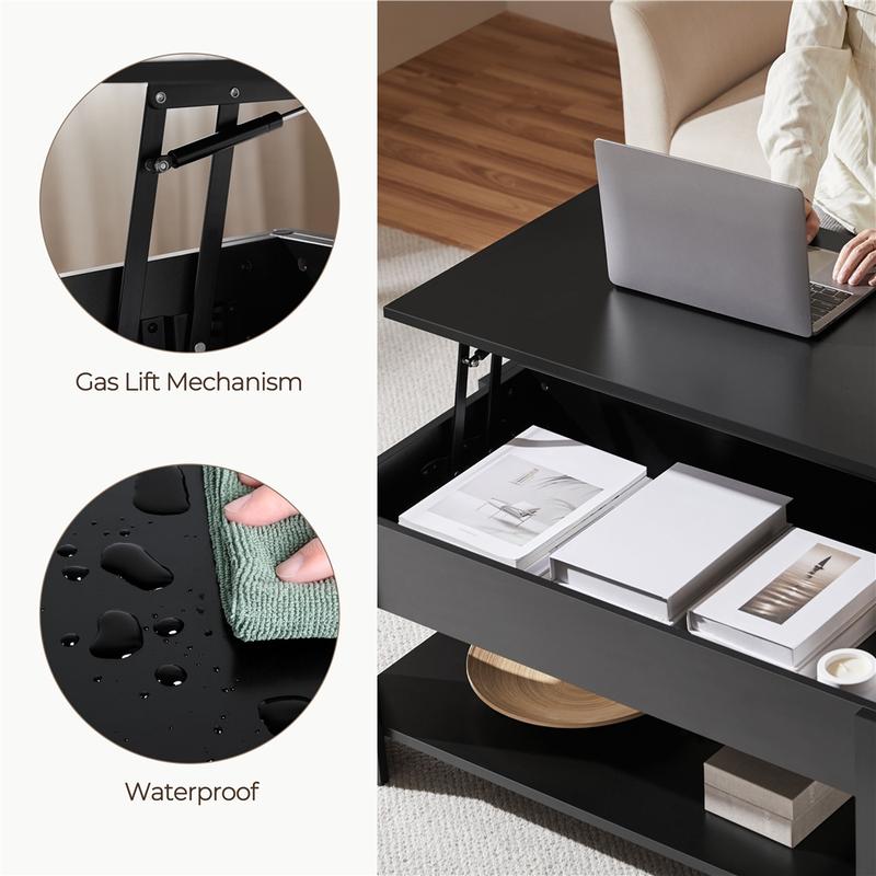 Mesa de centro elevable Yaheetech con compartimento oculto y 2 estantes abiertos. Diseño multiusos. Elevador a gas. Ideal para espacios pequeños. Perfecta para sala de estar, oficina o el hogar.