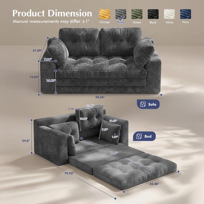 Sofá cama plegable convertible Raybee de 2-3 plazas, sofá cama extraíble sin estructura con almohadas, sofá de suelo plegable tapizado en pana con capitoné, cómodo salón con espuma de alta resiliencia y alta densidad para espacios pequeños, sala de estar