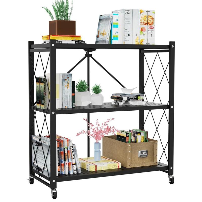 Estantería metálica plegable para almacenamiento - Estantería plegable, ligera e impermeable, negra, ahorra espacio, duradera, versátil para uso en cocina y despensa, organizador de zapatos moderno, movilidad de 360 ​​grados, capacidad de 40 kg - Habitaci