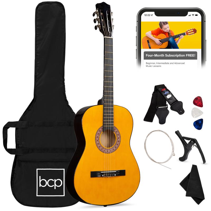 Kit de iniciación a la guitarra acústica para principiantes de 38 pulgadas con funda, correa y cuerdas.