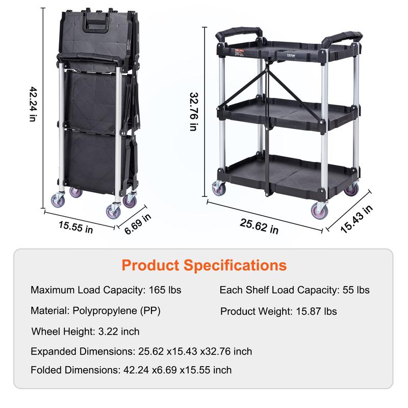 Carro de servicio móvil VEVOR de PVC resistente con 3 estantes - Capacidad de 75 kg, ruedas giratorias con bloqueo, asa ergonómica, soporte plegable con ruedas, estantes organizadores estables, ideal para artículos del hogar, hoteles y almacenes.