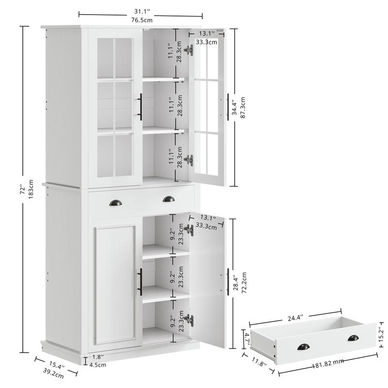 (Envío en 2 paquetes) Armario de cocina independiente IRONCK de 72", mueble de interior moderno que ahorra espacio con cajón, estante deslizante, 6 estantes colgantes, herrajes incluidos, armarios de almacenamiento