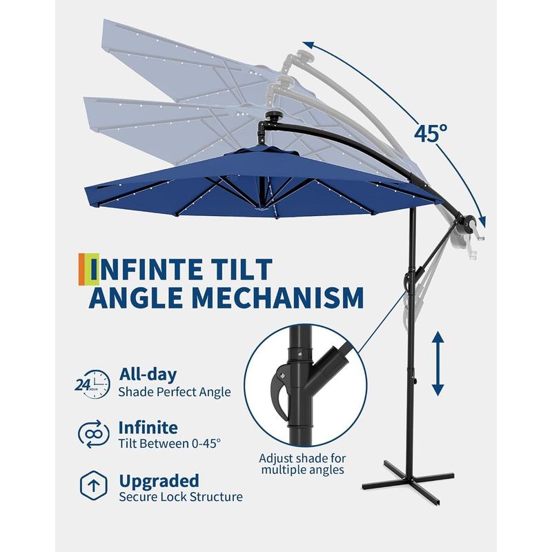 Sombrilla de patio voladiza de 3 metros con inclinación infinita | Luces LED solares, base en cruz y gran sombrilla para exteriores, ideal para jardín, piscina o césped.