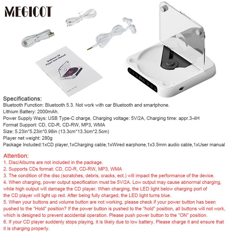 Reproductor de CD inalámbrico recargable Bluetooth 5.3 MEGICOT - Reproductor de audio multiformato con batería de 2000 mAh, controles de botón, función de retención de altavoz, pantalla LED, puerto USB, compatibilidad con auriculares, bloqueo de teclas, r