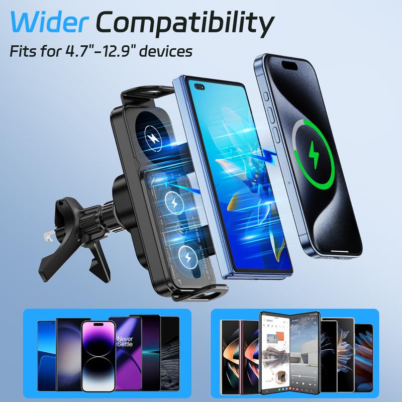 Soporte inalámbrico para teléfono móvil para coche, compatible con pantallas plegables y smartphones universales. Soporte giratorio de 90° con potencia de salida de 15 W. Soporte para teléfono móvil para rejilla de ventilación súper estable con clip de ga