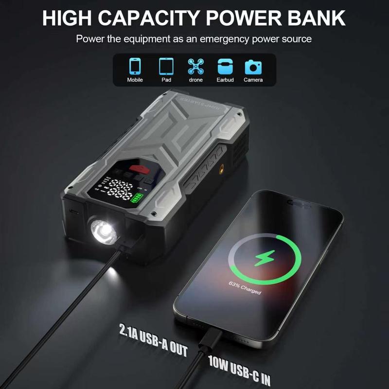 Arrancador de coche de 16000 mAh con compresor de aire incorporado - Arranque de vehículos de 12 V, compatible con modelos de gasolina de 10 L y diésel de 9 L, herramienta portátil multifuncional de rescate en carretera.