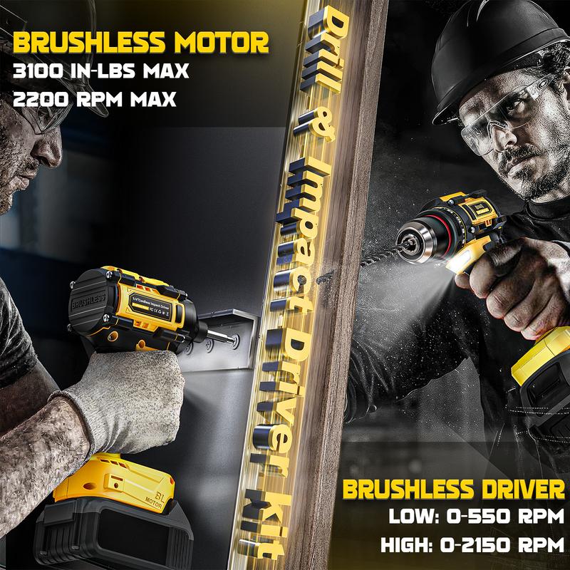 Kit combinado de taladro inalámbrico y atornillador de impacto compatible con baterías DeWalt/Milwaukee, atornillador sin escobillas de 1/4" y taladro eléctrico de 3/8" con luz LED. Regalo ideal para el Día del Padre.