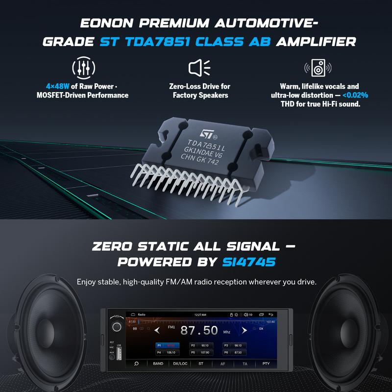Autoestéreo DIN simple de 6.36", CarPlay inalámbrico y Android Auto, pantalla táctil IPS (1280x480), amplificador ST TDA7851, cámara de reversa, controles en el volante, Bluetooth 5.3, oferta Jumpstart - X3U