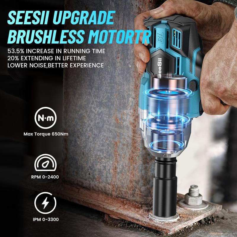Llave de impacto inalámbrica 3 en 1 de 1/2'', 3300 RPM, destornillador de impacto sin escobillas con 2 baterías de 4.0 Ah, 6 vasos, brocas, 6 tornillos, herramienta eléctrica de alta resistencia.