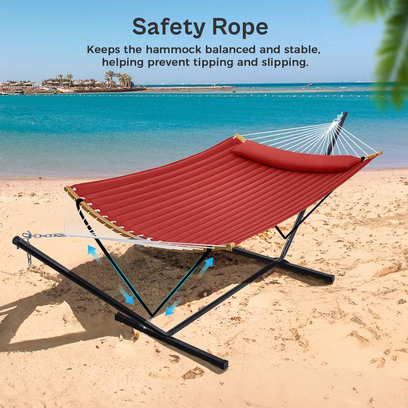 Hamaca doble portátil SUPERJARE de tela ajustable a rayas con soporte, hamaca acolchada de algodón y poliéster de alta resistencia de hasta 204 kg (450 lbs), almohada desmontable, barra curva resistente, bolsa de transporte portátil, ideal para decoración