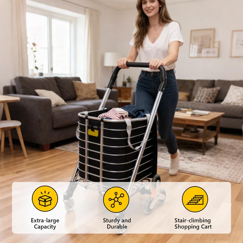 Carro plegable compacto SEKAM - Carro de tres ruedas resistente para subir escaleras con ruedas giratorias de 360°, carrito rodante para personas mayores, para compras, carro plegable, carro plegable plano, carro plegable multifuncional