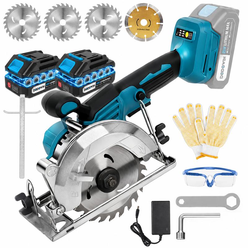 Kit de sierra circular inalámbrica DODOWIN - Baterías inteligentes duales de 21 V, cargador, hojas de sierra incluidas, 2 profundidades de corte ajustables de 45°, hasta 6900 RPM - Sierras a batería para carpintería, proyectos de jardinería, regalo de Nav
