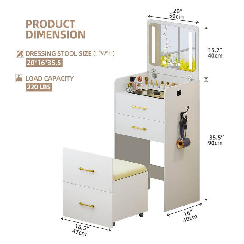 Tocador compacto 3 en 1 Vlsrka: tocador con espejo, lámpara integrada, cajones de almacenamiento y taburete, tocador con espejo para dormitorio, tocadores de maquillaje inteligentes y automáticos para residencias estudiantiles, tocadores con lámpara integ