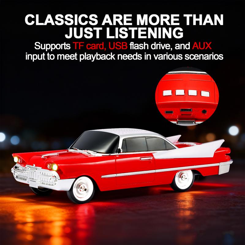 Altavoz Bluetooth WSTER WS-1965 réplica de muscle car clásico con luces LED, batería recargable y audio portátil para amantes de los coches.