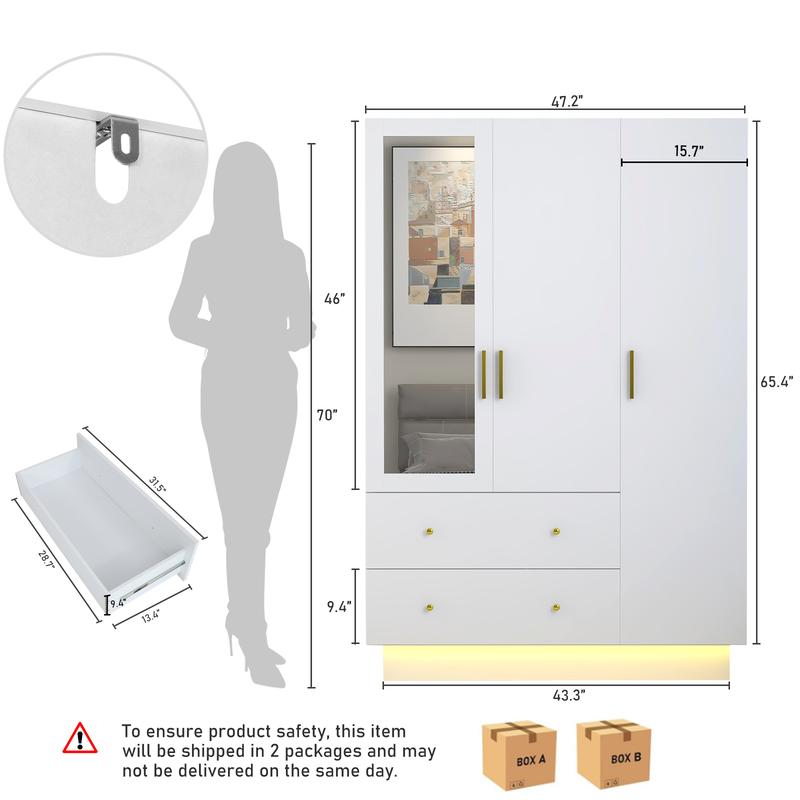 Armario moderno de 2/3 puertas con espejo, 2 cajones y luces LED RGB, armario con barra para colgar ropa para almacenamiento en el dormitorio, artículos esenciales para dormitorios, decoración del hogar