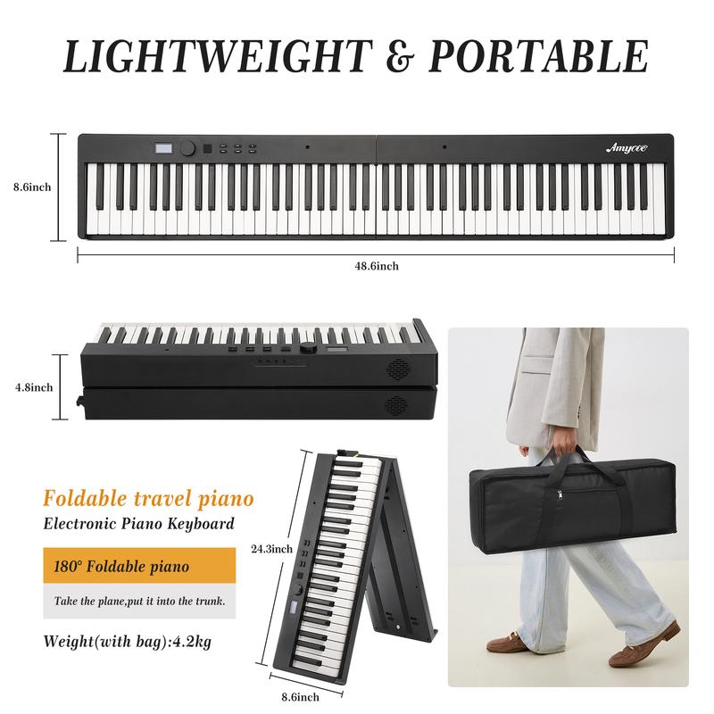 Teclado de piano plegable GARVEE de 88 teclas, piano eléctrico digital portátil de tamaño completo con teclas semipesadas, Bluetooth, auriculares, pedal de sustain y funda.