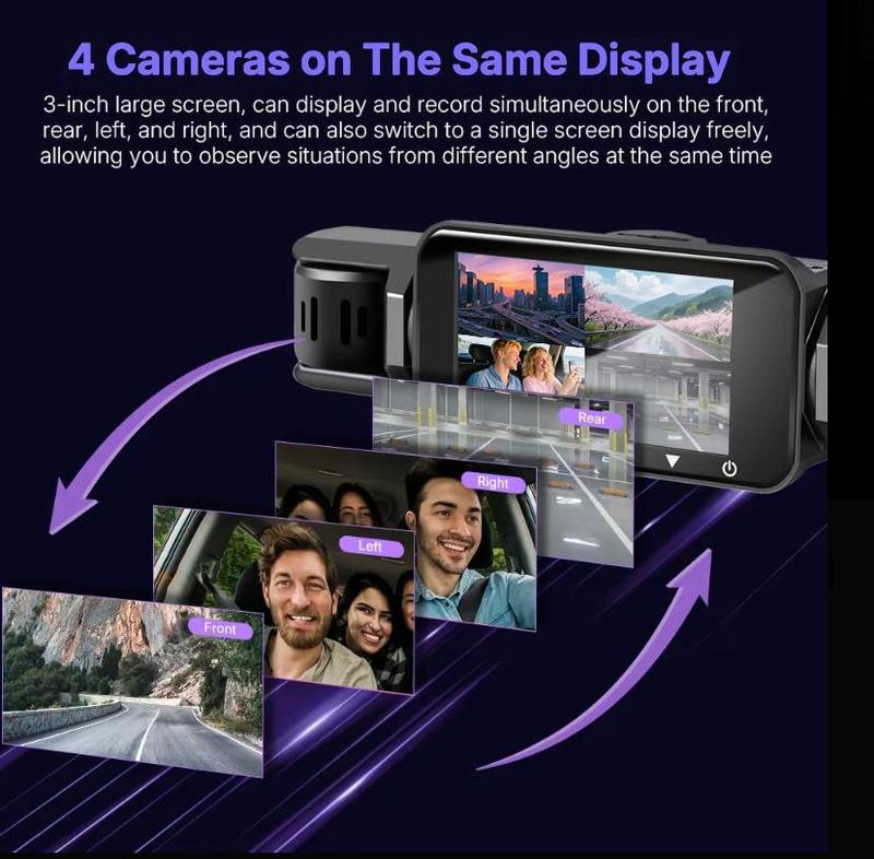 Cámara de salpicadero de 4 canales con visión envolvente de 360°. Incluye cable OBD GRATIS para monitorización de aparcamiento 24/7. Grabación con 4 lentes: frontal, trasera, interior, izquierda y derecha. Pantalla de 3", WiFi integrado, tarjeta de 64 GB.