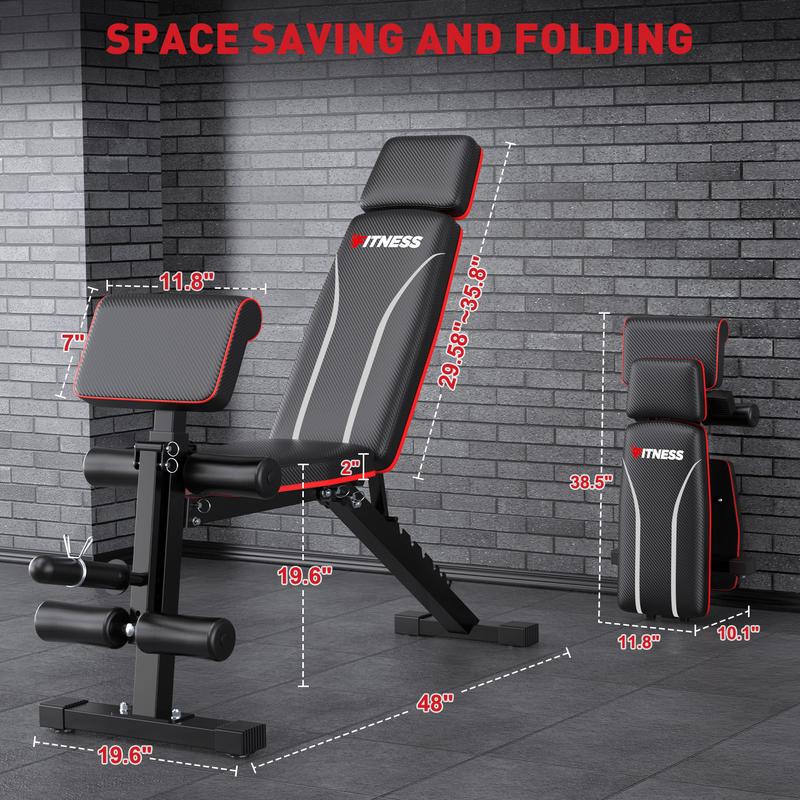 Banco de pesas plegable, capacidad de peso de 880 libras, disco de pesas no incluido, banco de entrenamiento para gimnasio en casa, banco para hacer ejercicio, equipo de entrenamiento de abdominales con inclinación y declinación, extensión de piernas y al