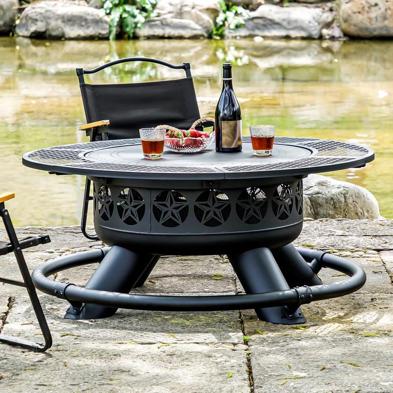 Brasero de exterior de 119 cm con 2 parrillas, brasero de barbacoa extragrande para exteriores, brasero redondo de metal con tapa y atizador, chimenea de exterior de leña 3 en 1 para patio trasero, terraza o fogata.