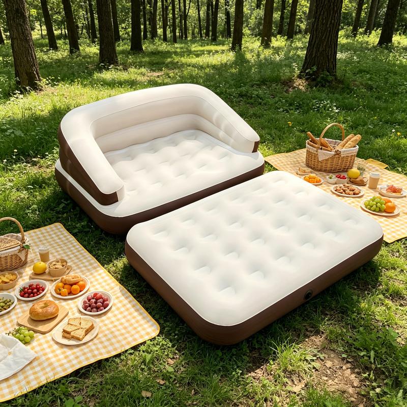 Sofá cama inflable convertible 5 en 1, tamaño individual, con respaldo alto y asiento profundo, portátil para acampar y viajar, incluye bomba de aire, diseño convertible 5 en 1, portátil y práctico.