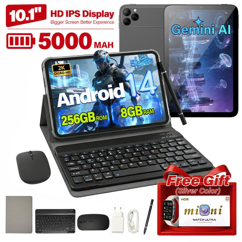 Tablet Android 14 de 10,1" con pantalla 2K, 8+256 GB, compatible con WiFi y SIM, ideal para el hogar: streaming, lectura y navegación. Incluye teclado, ratón y lápiz óptico.