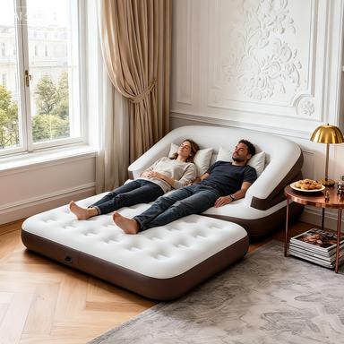 Sofá cama inflable convertible 5 en 1, tamaño individual, con respaldo alto y asiento profundo, portátil para acampar y viajar, incluye bomba de aire, diseño convertible 5 en 1, portátil y práctico.