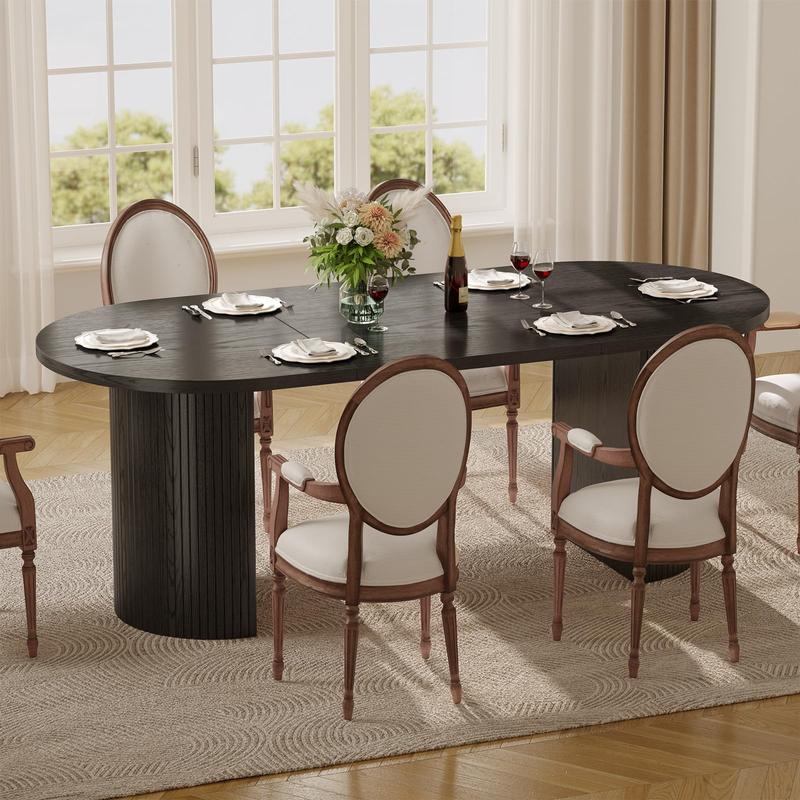 Mesa de comedor de 70,8 pulgadas para 4-6 personas, mesa de comedor ovalada con base de listones de madera curvados y estriados, mesas de cocina modernas de mediados de siglo con almohadillas en las patas, mesas de comedor para sala de estar, comedor