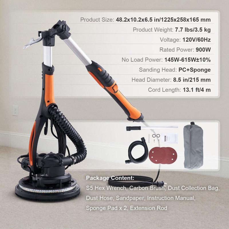 Lijadora de paneles de yeso VEVOR - Pulidora de hardware de alta potencia de 850 W con selector de velocidad de 6 niveles, diseño plegable, mango telescópico, tira de luz LED, bolsa de vacío y guantes, herramienta eléctrica de alta resistencia.