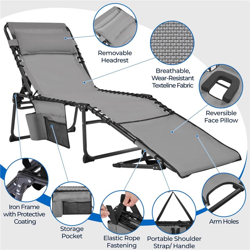 Silla plegable para tomar el sol en el patio, con orificio para la cara, tumbona reclinable ajustable en 5 posiciones, ranuras para los brazos, práctico espacio de almacenamiento para tomar el sol y broncearse la espalda.