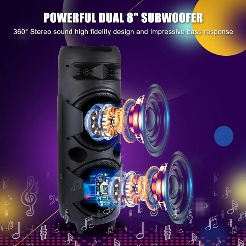 Altavoz inalámbrico doble de 8 pulgadas, sistema de altavoces portátil para fiestas, estéreo Bluetooth, woofer de 2x8", TWS, recargable, radio FM, control remoto, micrófono, iluminación LED y USB.