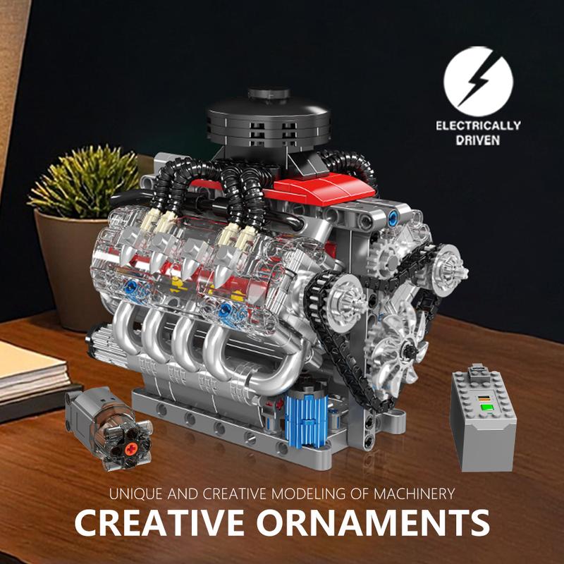Kit de construcción de motor V8 funcional Kit de construcción de motor V8 eléctrico Juguetes de bloques de construcción de motor V8 Impulsado eléctricamente 487 piezas Kit de modelo Engranajes en funcionamiento Para entusiastas de la ingeniería mecánica R