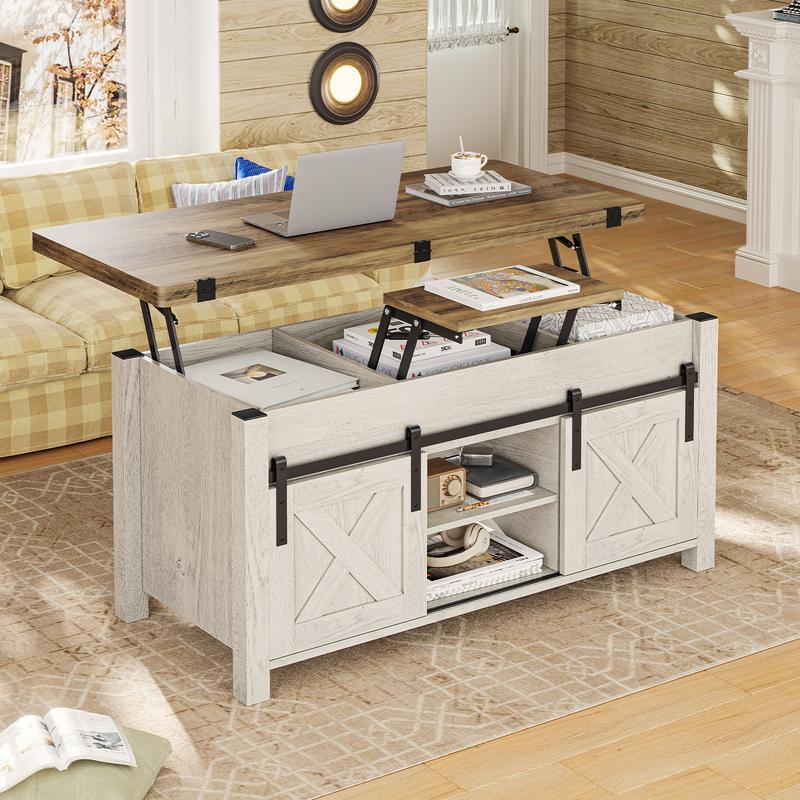 Mesa de centro Sedeta 4 en 1 multifuncional con tapa elevable - Muebles de sala de estar de estilo rústico en roble envejecido, mesa de comedor convertible con diseño plegable, puertas corredizas, almacenamiento y compartimento oculto, mesas de comedor co