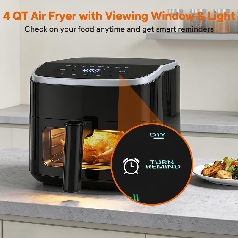 Freidora de aire de 4 cuartos con ventana visible, 1500 W, pantalla táctil digital, 8 programas preestablecidos, apagado automático y cesta antiadherente apta para lavavajillas, temporizador de 60 minutos, temperatura máxima de 400 °F.