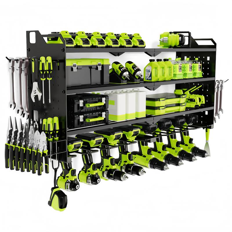 Organizador de herramientas eléctricas de montaje en pared, organizador de taladros inalámbricos, estante de herramientas de gran capacidad de 4 niveles con 8 soportes para taladros, resistente.
